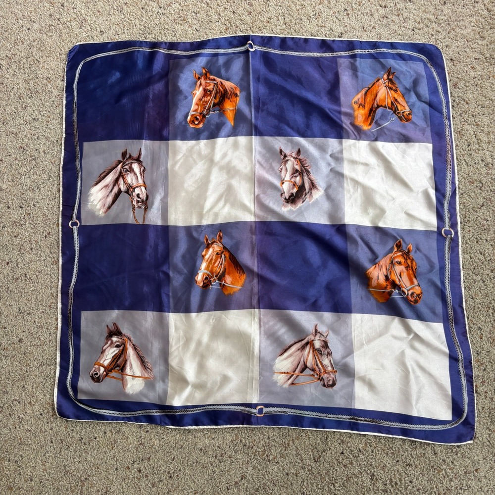 Vintage Horse Scarf Blue White Plaid‎ Equestrian Satin Square Neck Scarf Art SEE